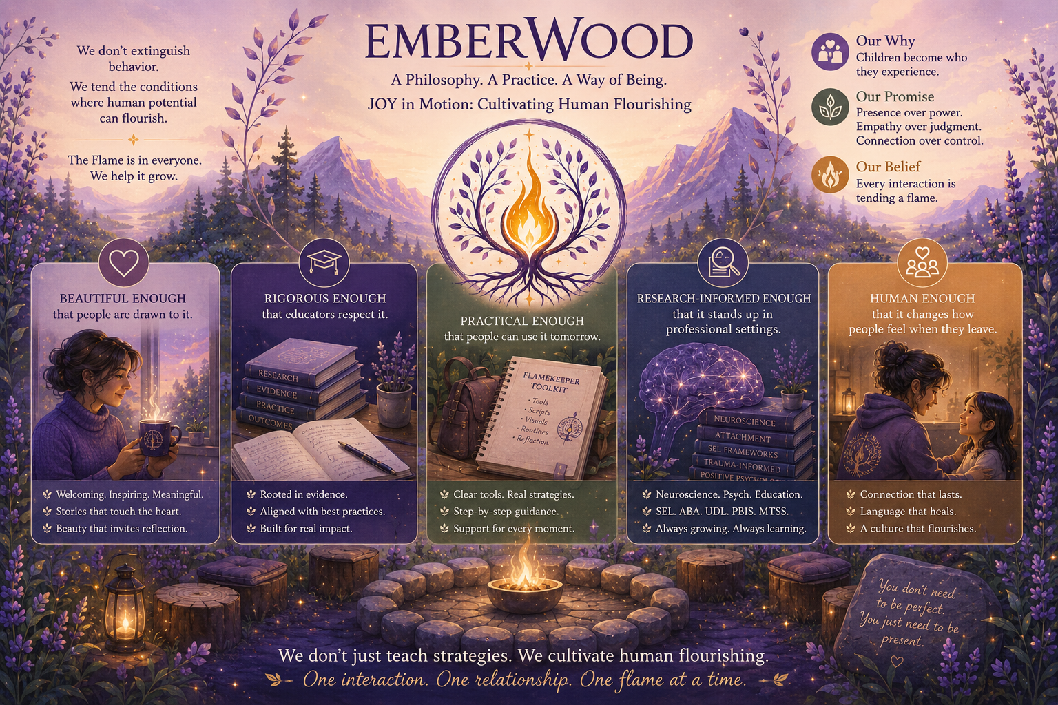 The EmberWood Philosophy infographic — a philosophy, a practice, a way of being.