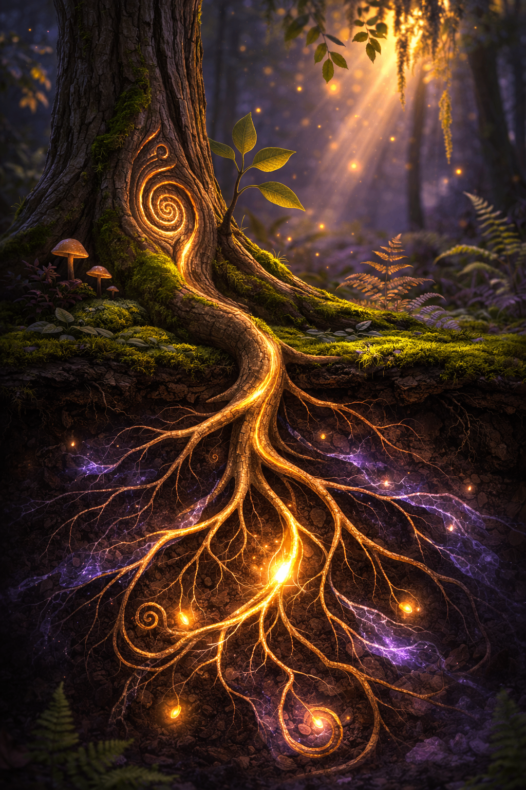 Glowing roots of an EmberWood tree reaching into earth lit with violet and amber light