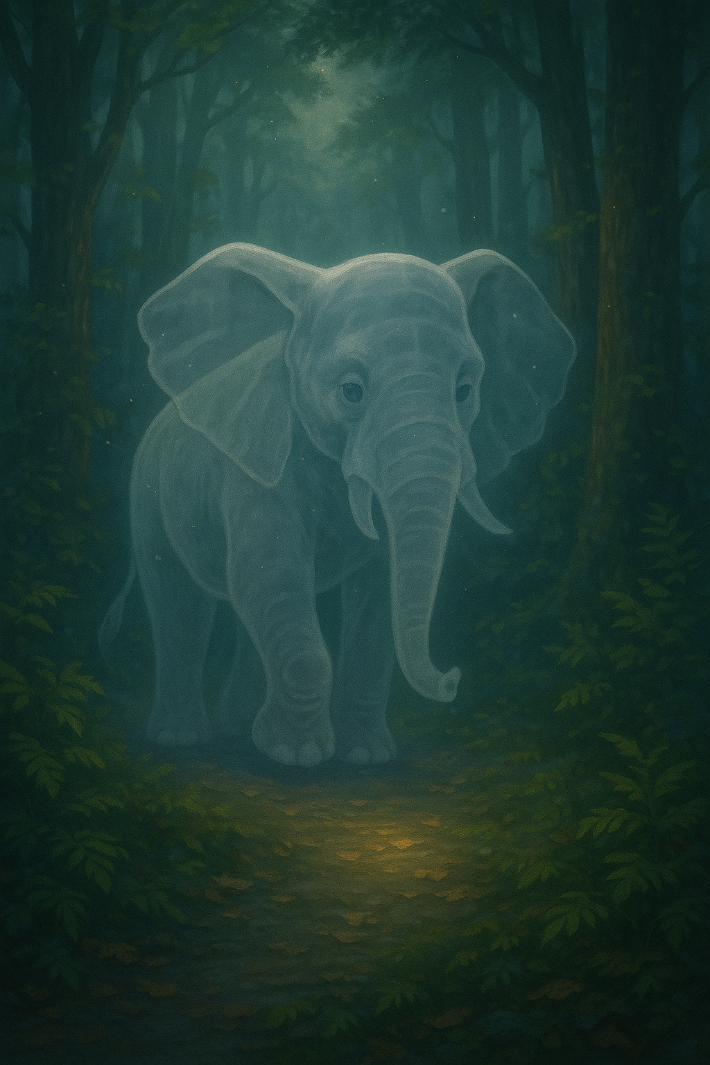 A pale, almost translucent elephant standing quietly in a deep EmberWood forest